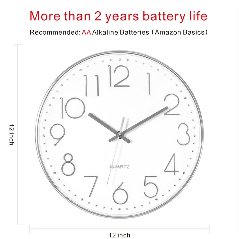 Foxtop Silver Wall Clock Silent Non-Ticking Battery Operated Round Modern Wall Clock for Office School Home Living Room Bedroom Bathroom Kitchen Decor 12 inch - Image 2